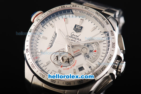 Tag Heuer Carrera Calibre 36 Swiss Valjoux 7750 Automatic Movement Full Steel with Silver Stick Markers and White Dial - Click Image to Close